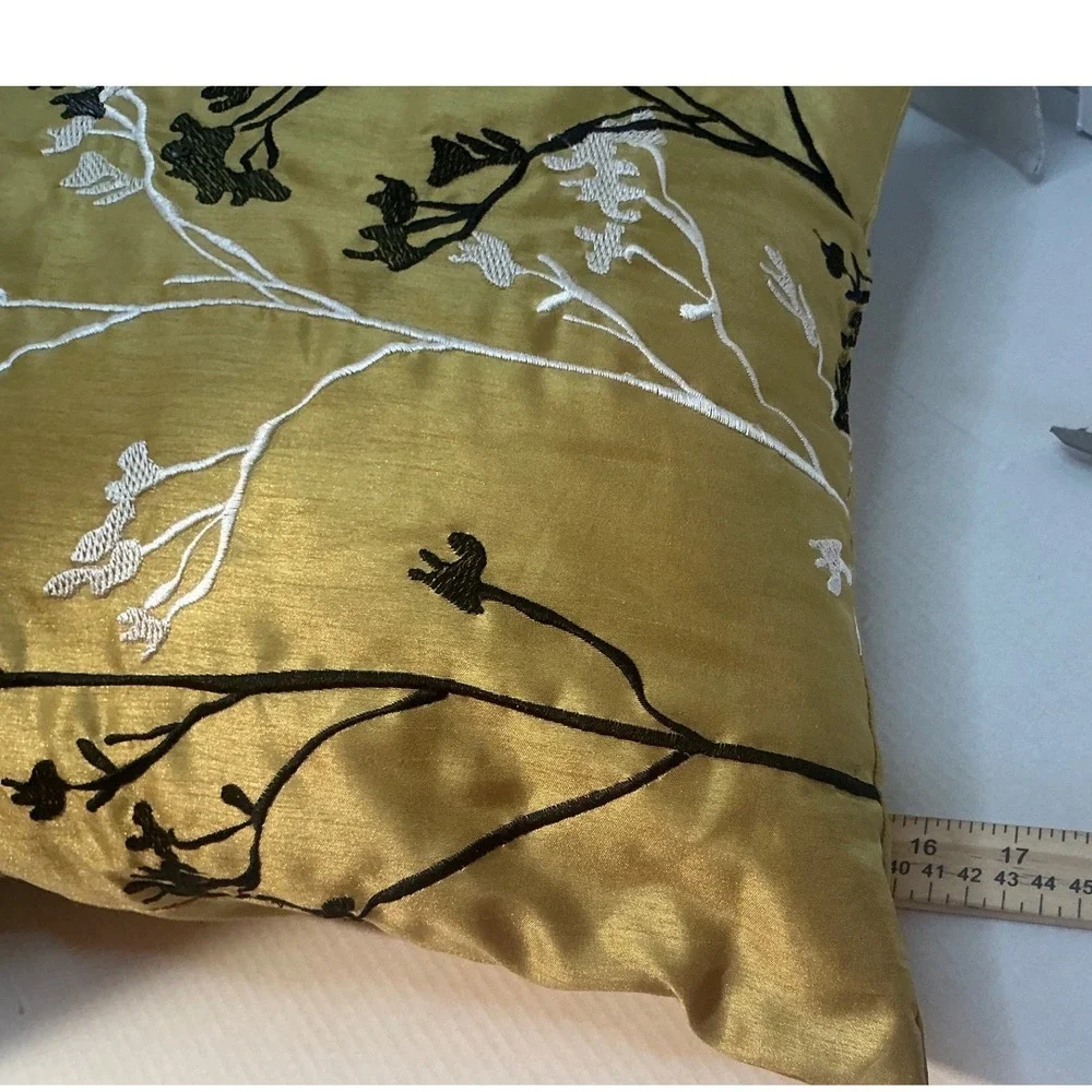 Gold Faux Silk Embroidered Floral Branch Throw Pillow 16x16 Modern